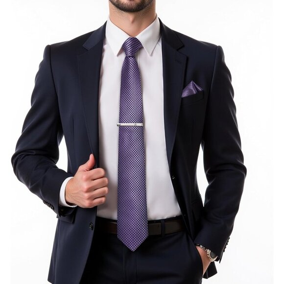 🆕Men Purple Plaid Silk Checkered Necktie Pocket Square Cufflinks Tie Clip Set - Picture 2 of 8